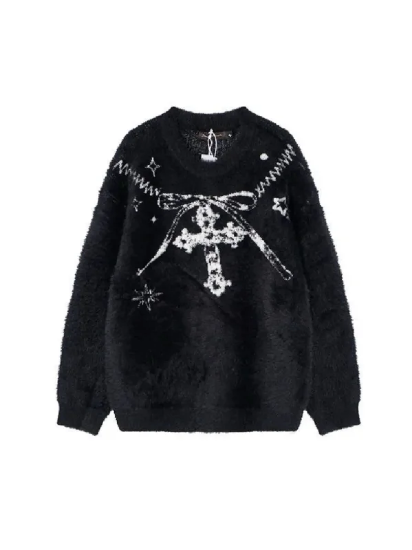 'Best Wish' Holiday Ribbon Cross Oversized Knitting Sweater Stretchy Elastic Breathable 'Best Wish' Holiday Ribbon Cross Oversized Knitting Sweater Stretchy Elastic Breathable