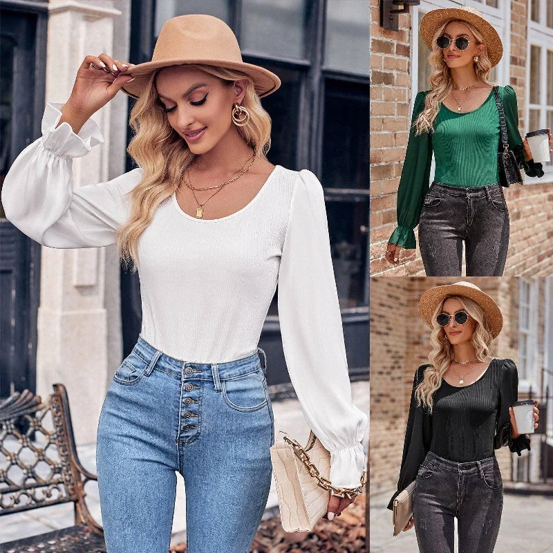 Ladies Lantern Sleeves Round Neck Daily Blouse Y53699 Elegant Silk Blouse