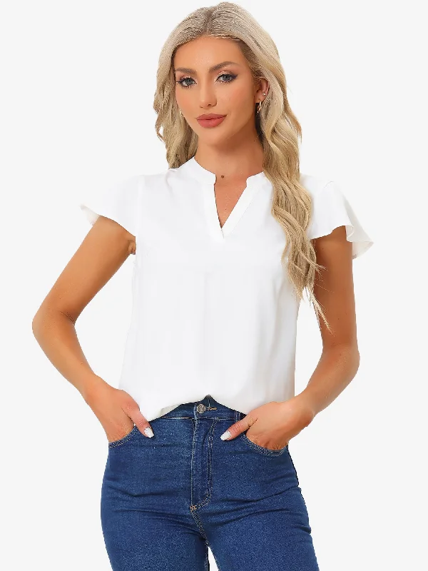 V Neck Cap Sleeve Summer Business Casual Work Blouse Silky Draped Blouse