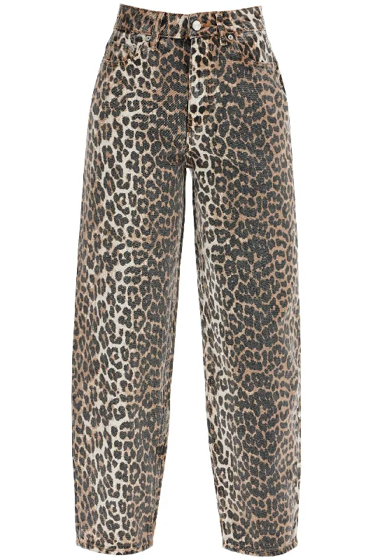 Ganni Women's Leopard Print Barrel Jeans Trendy Button-Up High-Waist Jeans