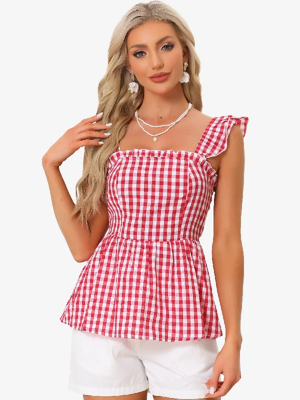 Gingham Peplum Top Summer Square Neck Sleeveless Plaid Blouse Chic Square Blouse