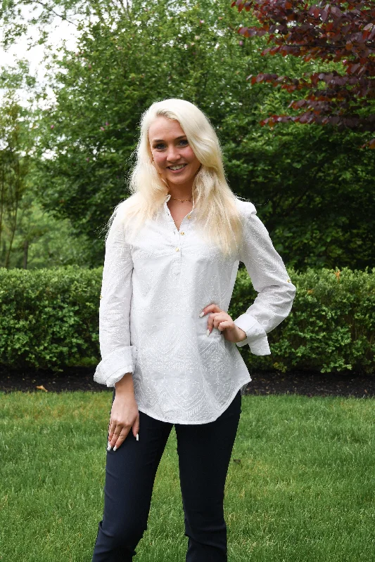 The Grayson White on White Embroidered Button Front Blouse Floral Chiffon Blouse