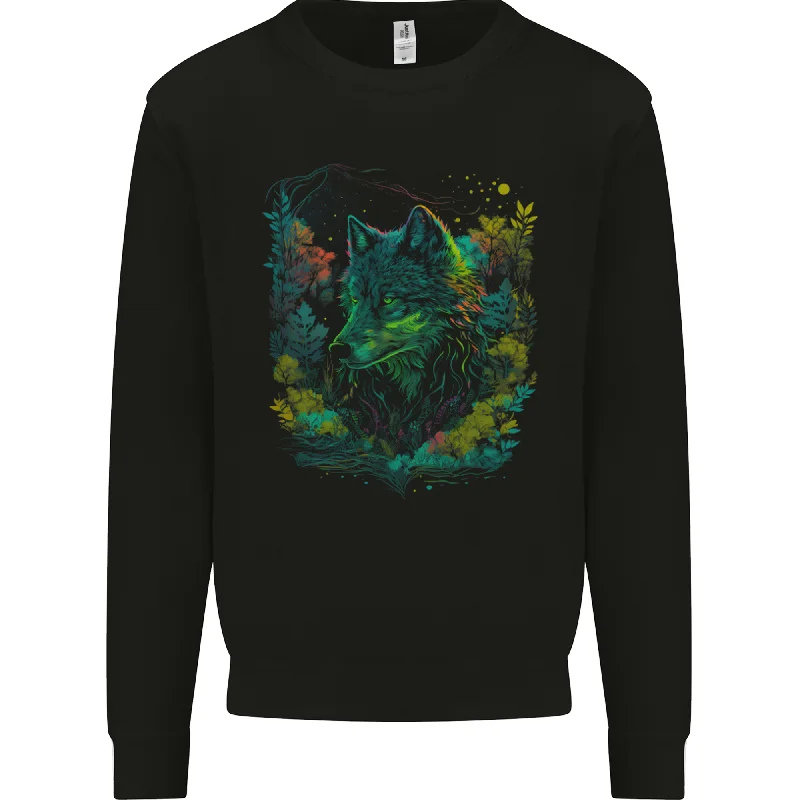 A Fantasy Wolf in the Forest Mens Sweatshirt Jumper Hoodie with Gradient Ombre Colorful A Fantasy Wolf in the Forest Mens Sweatshirt Jumper Hoodie with Gradient Ombre Colorful