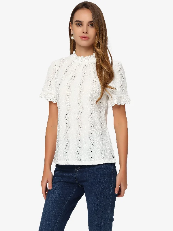 Eyelet Mock Neck Puff Sleeve Ruffle Textured Blouse Stretchy Fitted Blouse
