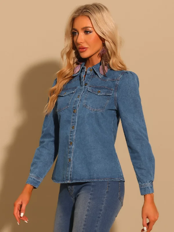 Casual Denim Shirt Button Down Puff Long Sleeve Jean Blouse Satin Long Blouse