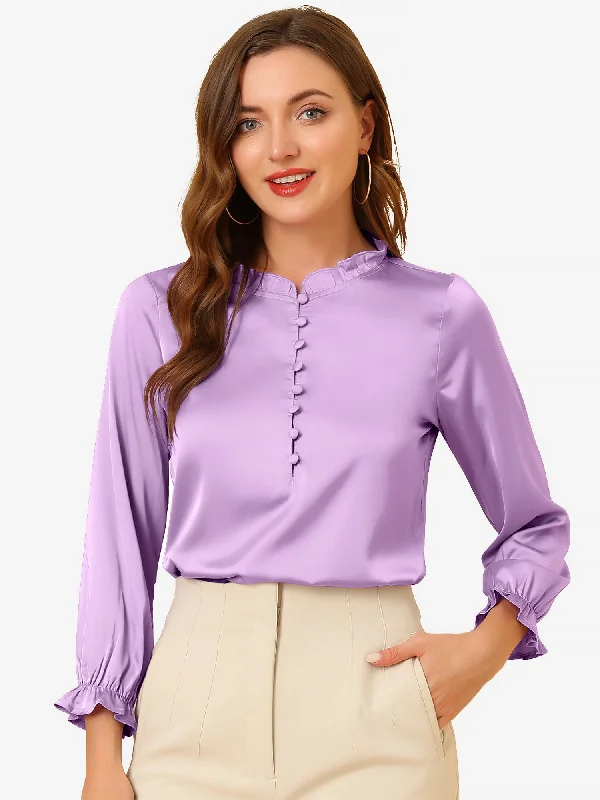 Ruffle Neck Bubble Sleeve Elastic Cuff Button Satin Blouse Soft Modal Blouse