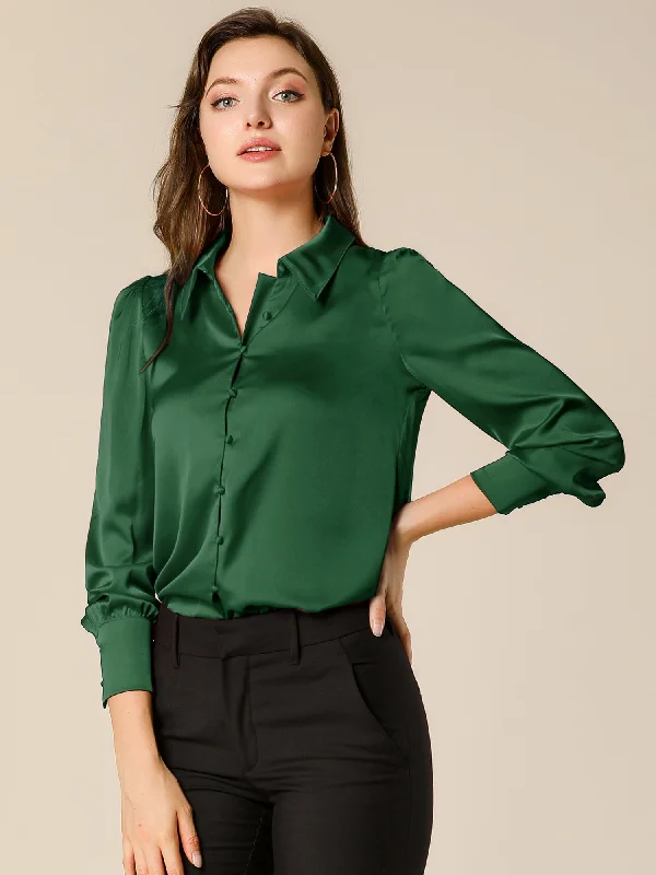 Satin Puff Sleeve Point Collar Vintage Button Up Blouse Boho Printed Blouse