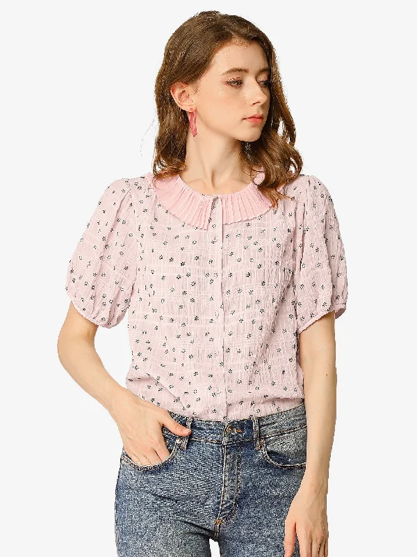 Button Down Short Sleeve Shirt Pleated Collar Floral Blouse Modern Work Blouse