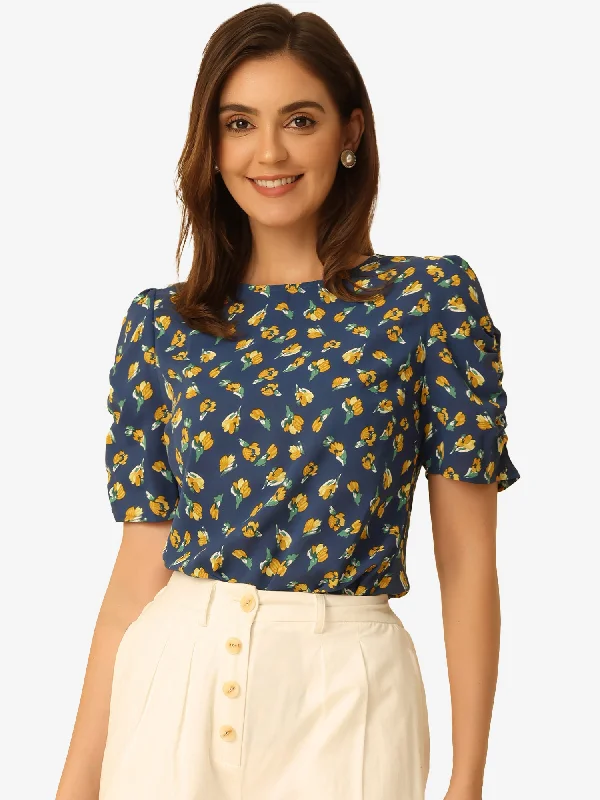 Crew Neck Floral Casual Shirred Short Sleeve Blouse Soft Pastel Blouse