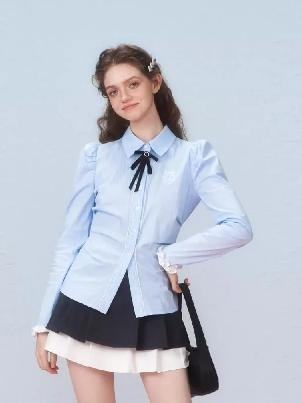 Bow Striped Bubble Sleeve Embroidered Blouse【s0000006316】 Double Button Blouse