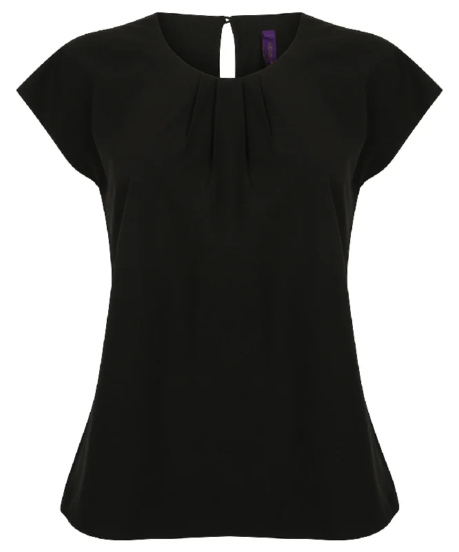 Black - Women's pleat front short sleeve blouse High Neck Blouse