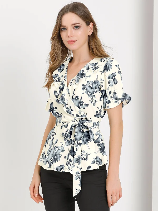 Wrap Peplum Tie Waist Short Sleeve Ruffle Floral V Neck Blouse Double-Layered Blouse Wrap Peplum Tie Waist Short Sleeve Ruffle Floral V Neck Blouse Double-Layered Blouse