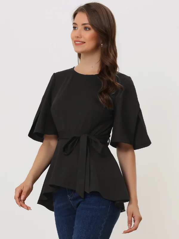 Split Half Sleeve Crew Neck Belted Knot Drap Casual Peplum Blouse Loose Fit Blouse