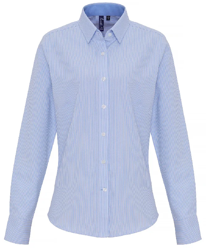 White/Light Blue - Women's cotton-rich Oxford stripes blouse Bell Sleeve Blouse
