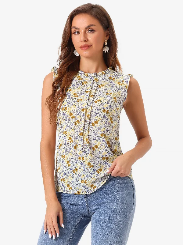 Ruffled Floral Casual 1950s Retro Sleeveless Blouses Soft Modal Blouse