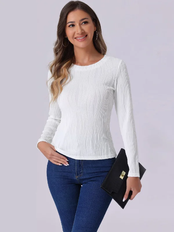 Long Sleeve Round Neck Textured Casual Blouse Peter Pan Blouse
