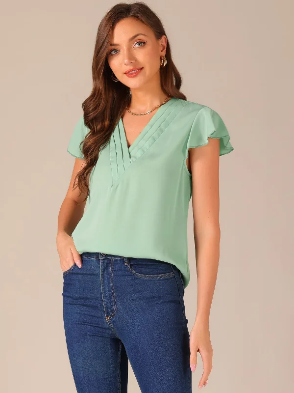 Pleated V Neck Flutter Sleeve Summer Casual Blouse Office Formal Blouse