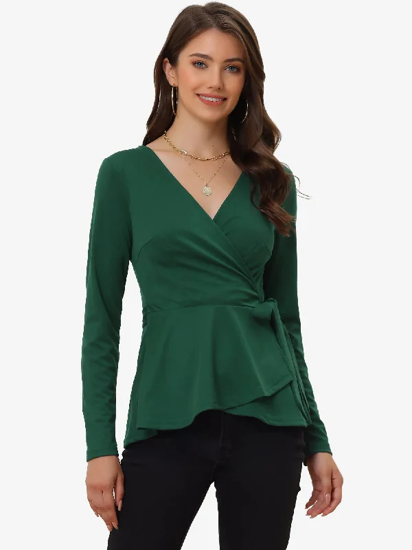 Casual Wrap Peplum V Neck Long Sleeve Tie Waist Knit Blouse Vintage Lace Blouse