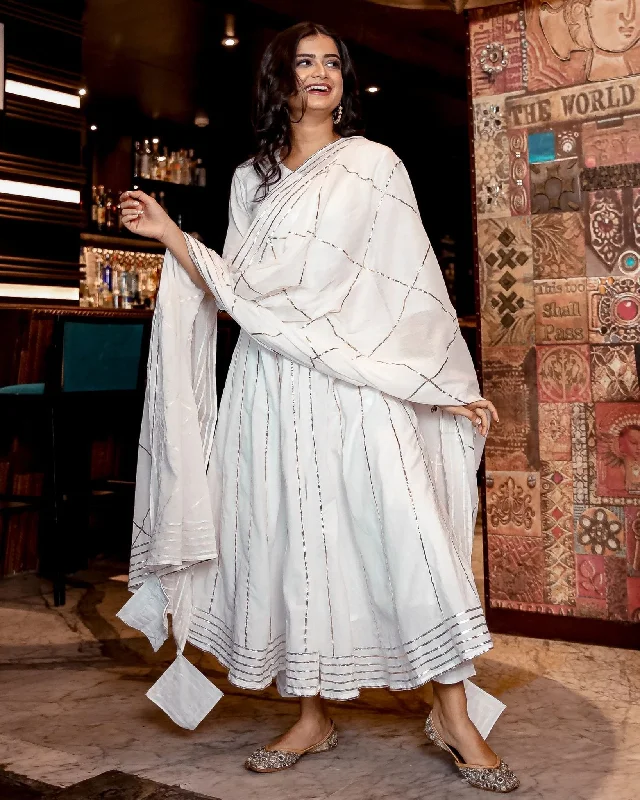 White Gota Anarkali Kurta And Pants With Dupatta- Set Of Three Comfy Cargo Trousers