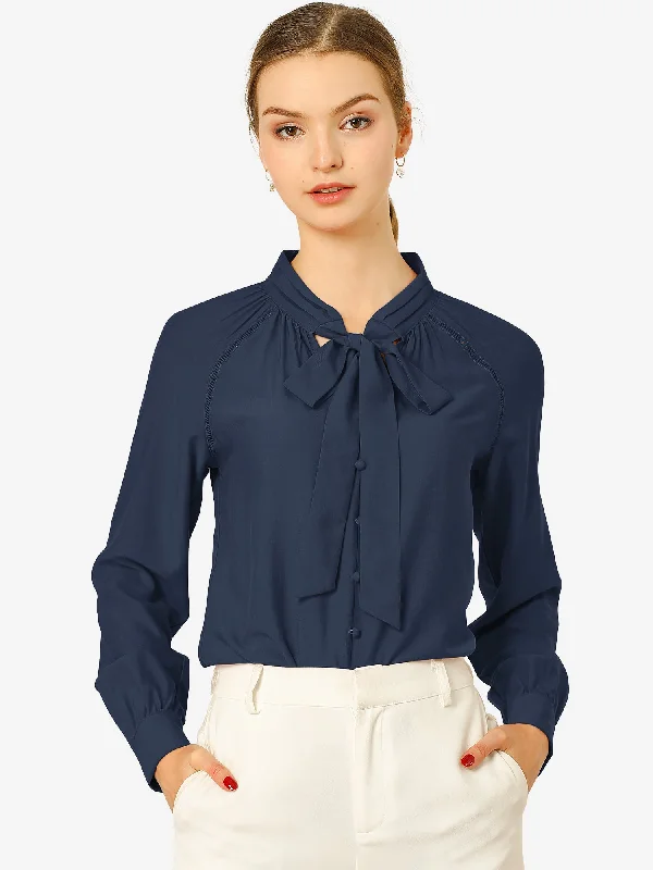 Office Long Sleeve Button Decor Elegant Bow Tie Neck Blouse Balloon Sleeve Blouse