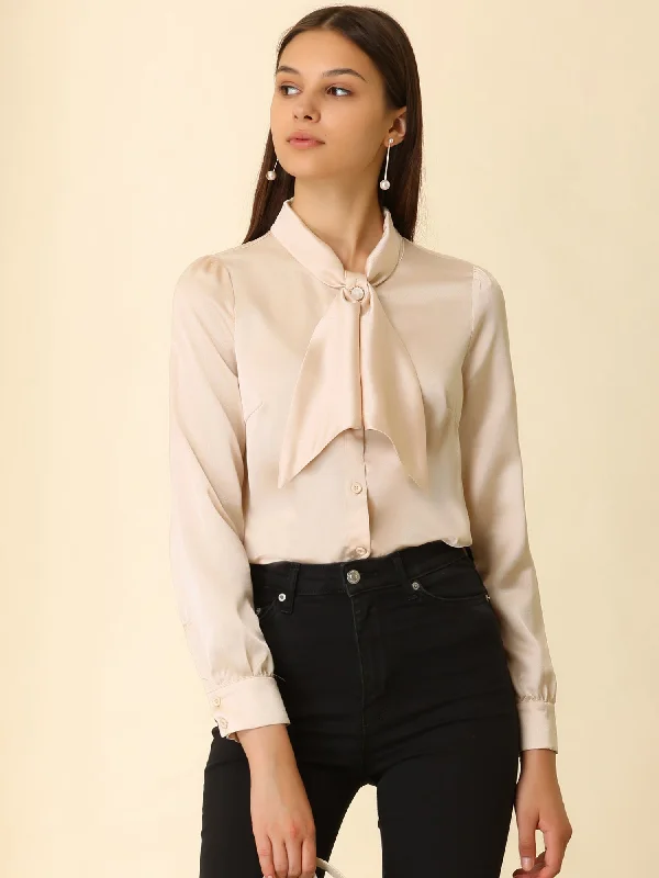 Work Top Satin Blouse Tie Neck Long sleeve Button Up Shirt Office-Ready Blouse