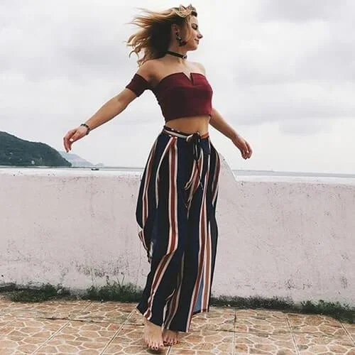 Women's striped sexy split wide-leg pants Comfy Zip-Up Pants