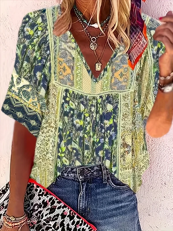 Summer Boho-Chic Floral V-Neck Blouse - Easy-Care, Breezy Women's Half-Sleeve Top in 100% Polyester Loose Fit Blouse Summer Boho-Chic Floral V-Neck Blouse - Easy-Care, Breezy Women's Half-Sleeve Top in 100% Polyester Loose Fit Blouse