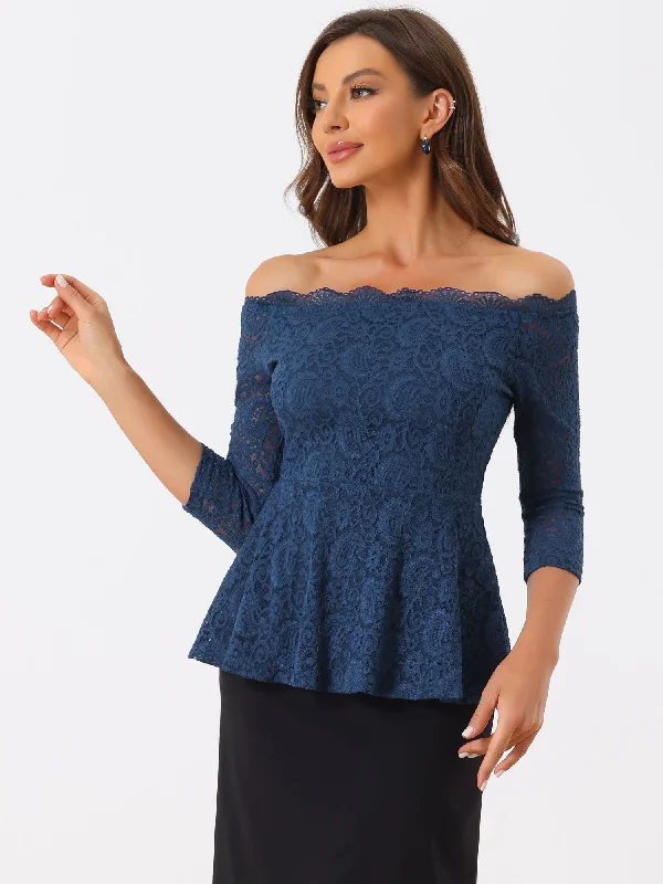 Elegant Lace Blouse Semi Sheer 3/4 Sleeve Off Shoulder Peplum Top Stretchy Fitted Blouse
