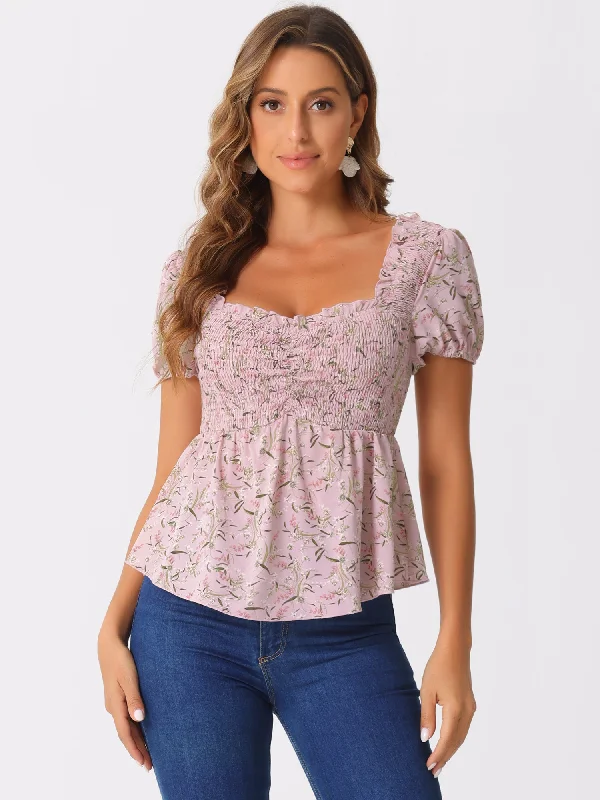 Puff Short Sleeve Floral Shirred Ruffle Peplum Blouse Elegant Semi-Sheer Blouse
