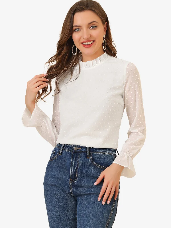 Allegra K Elegant Swiss Dots Long Sleeve Mock Neck Blouse Smart Casual Blouse