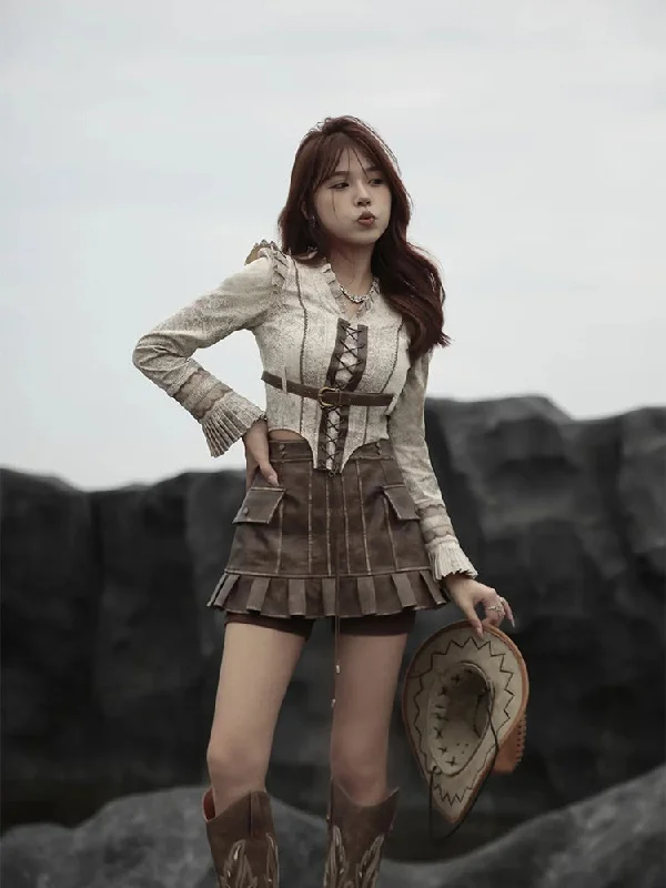 Retro Lace-Up Leather Pleats  Blouse＆Culottes【s0000004011】 Classic Striped Blouse