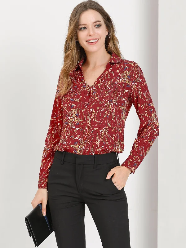 Elegant V-Neck Shirt Floral Faux Pocket Long Sleeve Blouse Soft Pastel Blouse