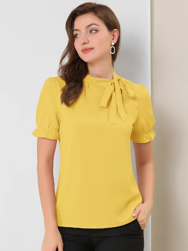 Bow Tie Neck Tops Elegant Office Short Sleeve Blouse Slim Fit Blouse