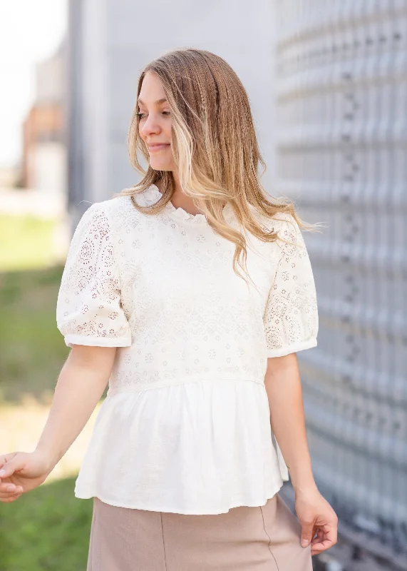 White Lace Mixed Blouse Top - FINAL SALE Feminine Puff Blouse