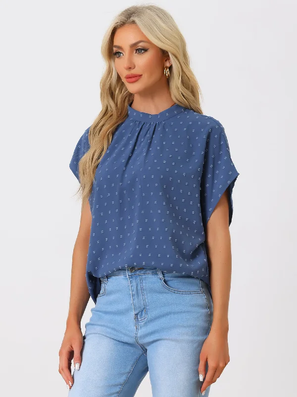 Swiss Dots Pleated Crew Neck Short Sleeve Casual Blouse Stretchy Fitted Blouse