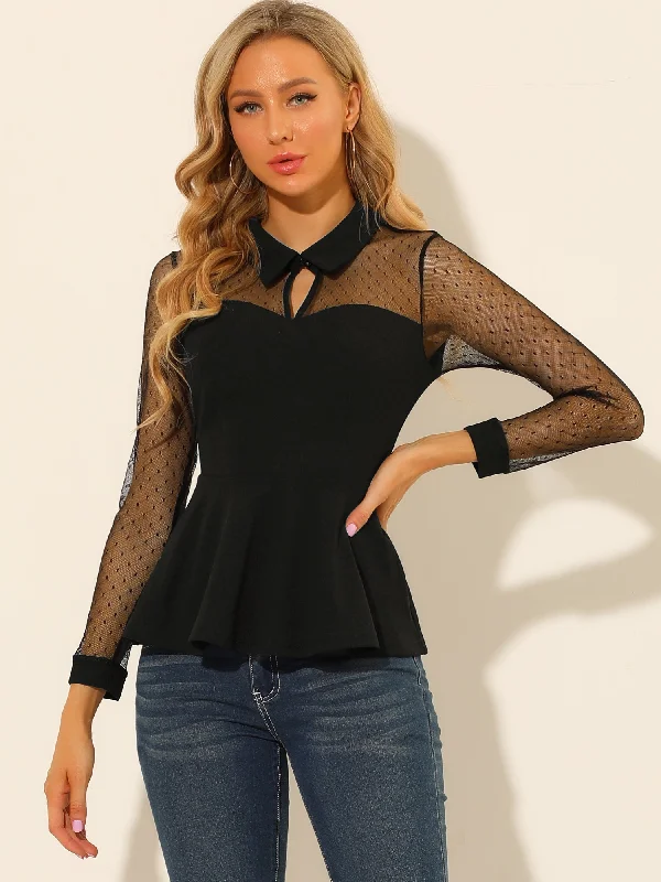 Mesh Sheer Long Sleeve Blouse Turn Down Collar Keyhole Peplum Top Lightweight Linen Blouse Mesh Sheer Long Sleeve Blouse Turn Down Collar Keyhole Peplum Top Lightweight Linen Blouse