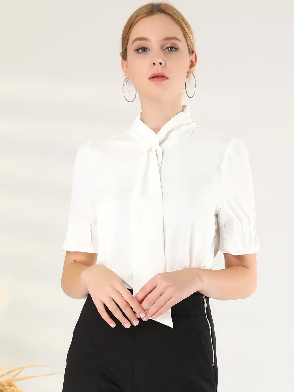 Tie Neck Work Top Puff Sleeve Blouse Eleagnt Button Down Shirt Feminine Satin Blouse