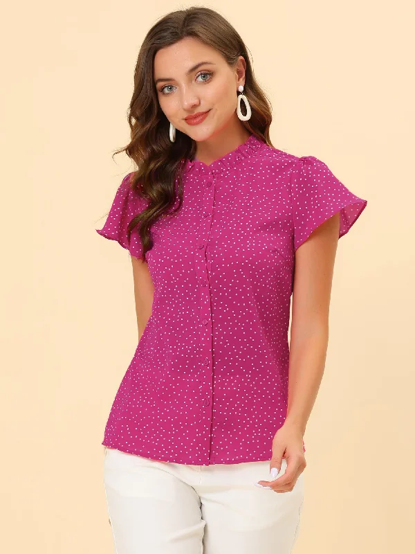 Ruffle Summer Dots Print Retro Short Sleeve Button Blouse Chic Square Blouse