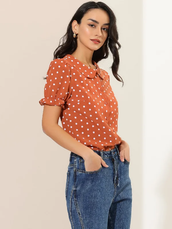 Polka Dot Short Puff Sleeve Button Up Peter Pan Collar Blouse Double Button Blouse