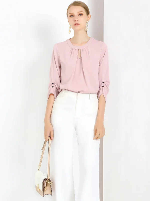 Office Keyhole Pleated Front Ruched 3/4 Sleeve Chiffon Blouse Lightweight Linen Blouse Office Keyhole Pleated Front Ruched 3/4 Sleeve Chiffon Blouse Lightweight Linen Blouse