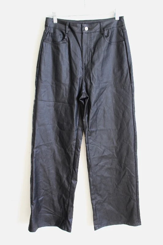 Shein Black Faux Leather Shiny Wide Leg Pant | L Comfortable Fleece Pants