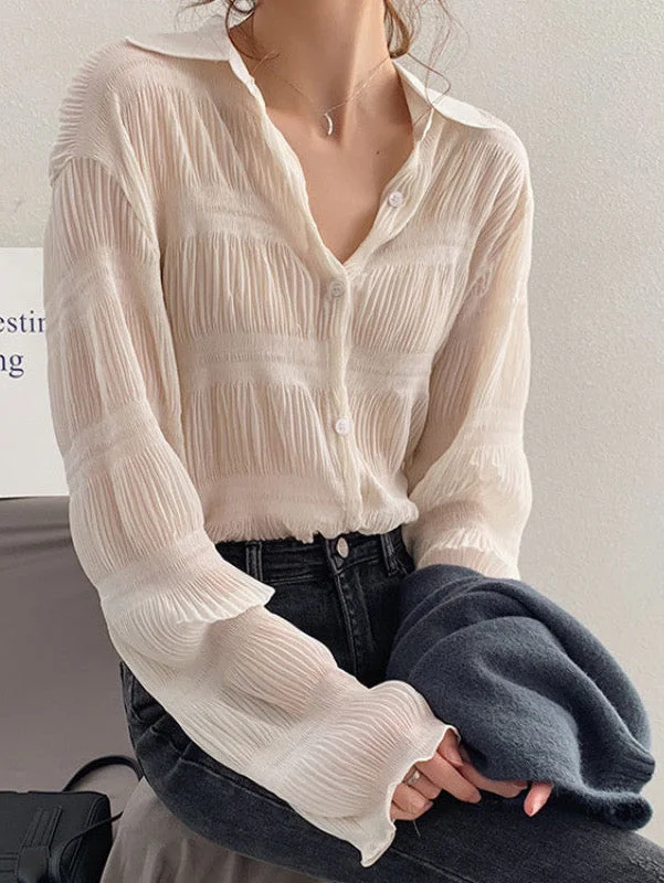 New 2022 Spring Vintage Elegant Women Chiffon Pleated Texture Blouses Chic Ruffle Blouse New 2022 Spring Vintage Elegant Women Chiffon Pleated Texture Blouses Chic Ruffle Blouse