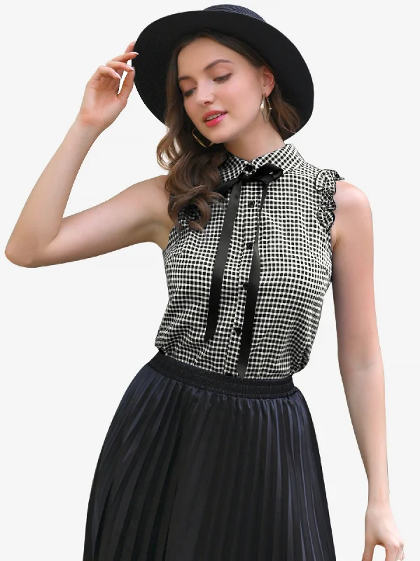 Bow Tie Neck Blouse Vintage Ruffle Sleeveless Gingham Plaid Shirt Cotton Casual Blouse