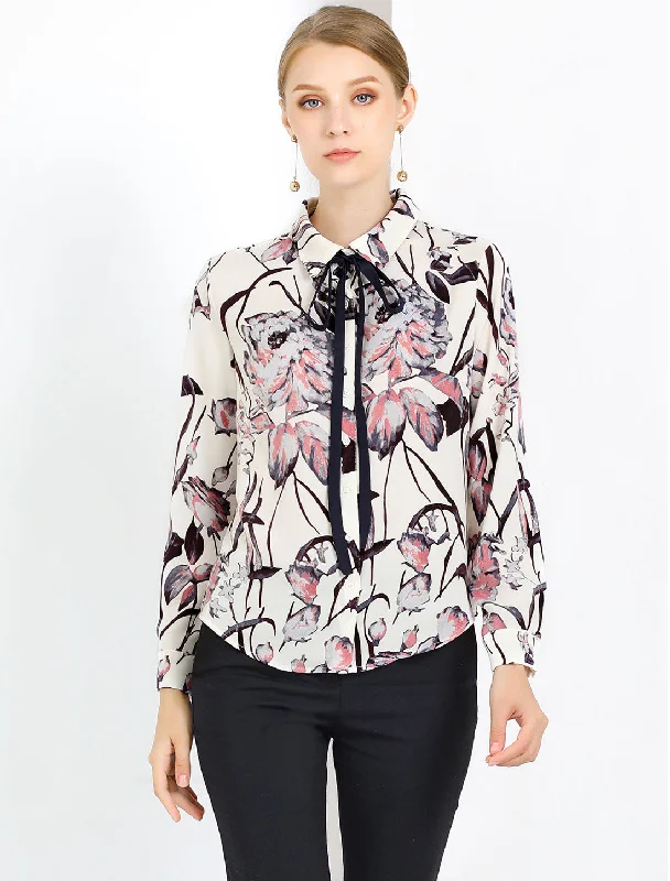 Tie Neck Floral Abstract Long Sleeve Office Point Collar Blouse Sheer Mesh Blouse