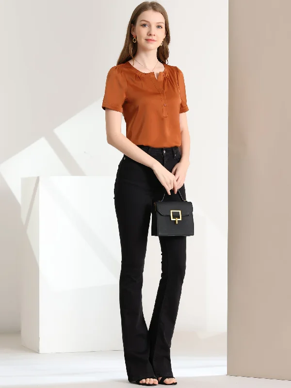 Satin Blouse Pleated Round Neck Button Front Puff Sleeve Office Top Feminine Puff Blouse Satin Blouse Pleated Round Neck Button Front Puff Sleeve Office Top Feminine Puff Blouse