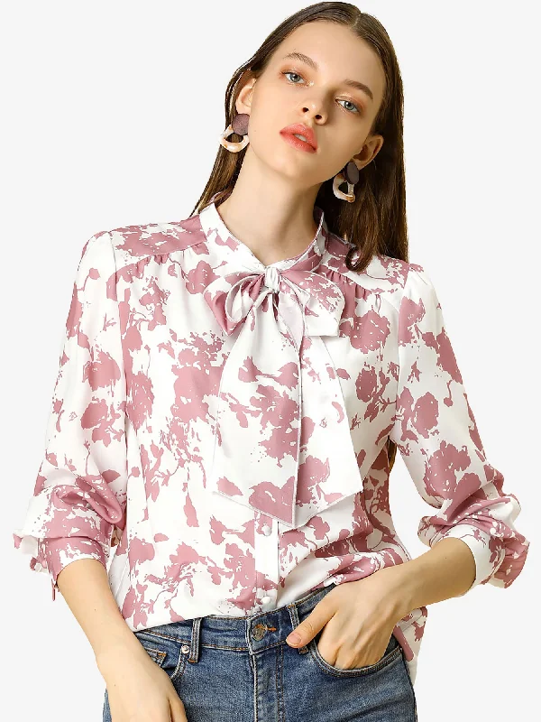 Bow Tie Long Sleeve Contrast Color Vintage Floral Blouse Pastel Color Blouse