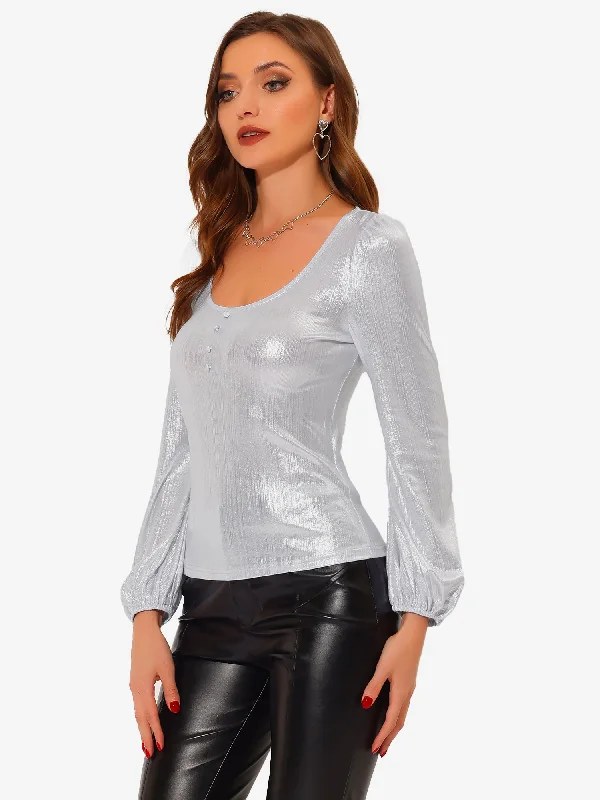 Metallic Holographic Lantern Sleeve Party Shiny Glitter Blouse Satin Bow Blouse