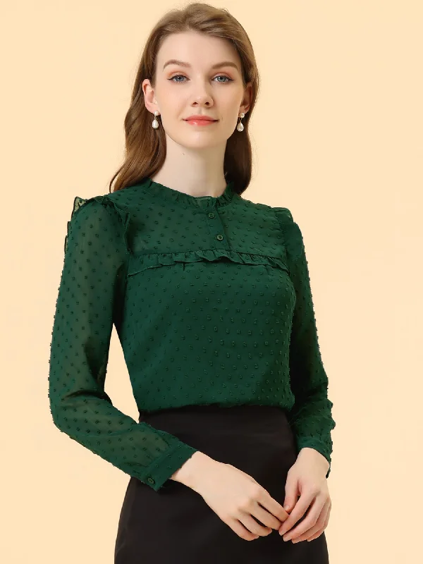 Elegant Swiss Dot Chiffon Long Sleeve Ruffled Work Office Blouse Floral Chiffon Blouse Elegant Swiss Dot Chiffon Long Sleeve Ruffled Work Office Blouse Floral Chiffon Blouse