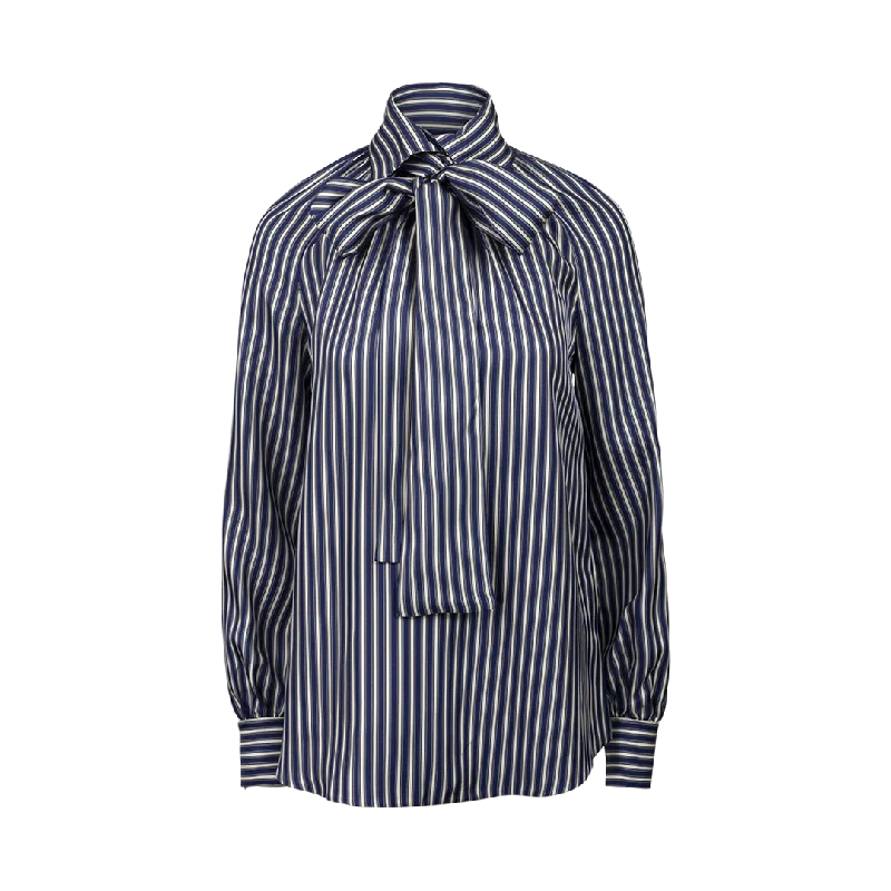 Striped Blouse with Tied Bow Detail Airy Cotton Blouse