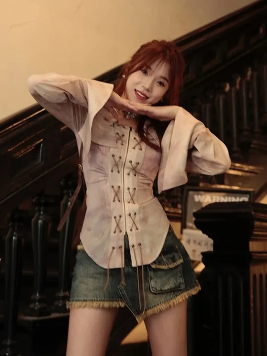 Lace-Up Tie-Dye Retro Slim Blouse【s0000004013】 Embroidered Floral Blouse